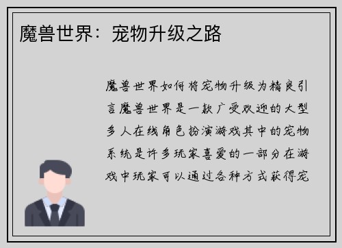 魔兽世界：宠物升级之路